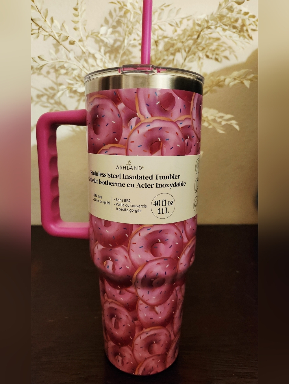 Ashland Pink Donut-Print Stainless Steel Insulated Tumbler with Handle